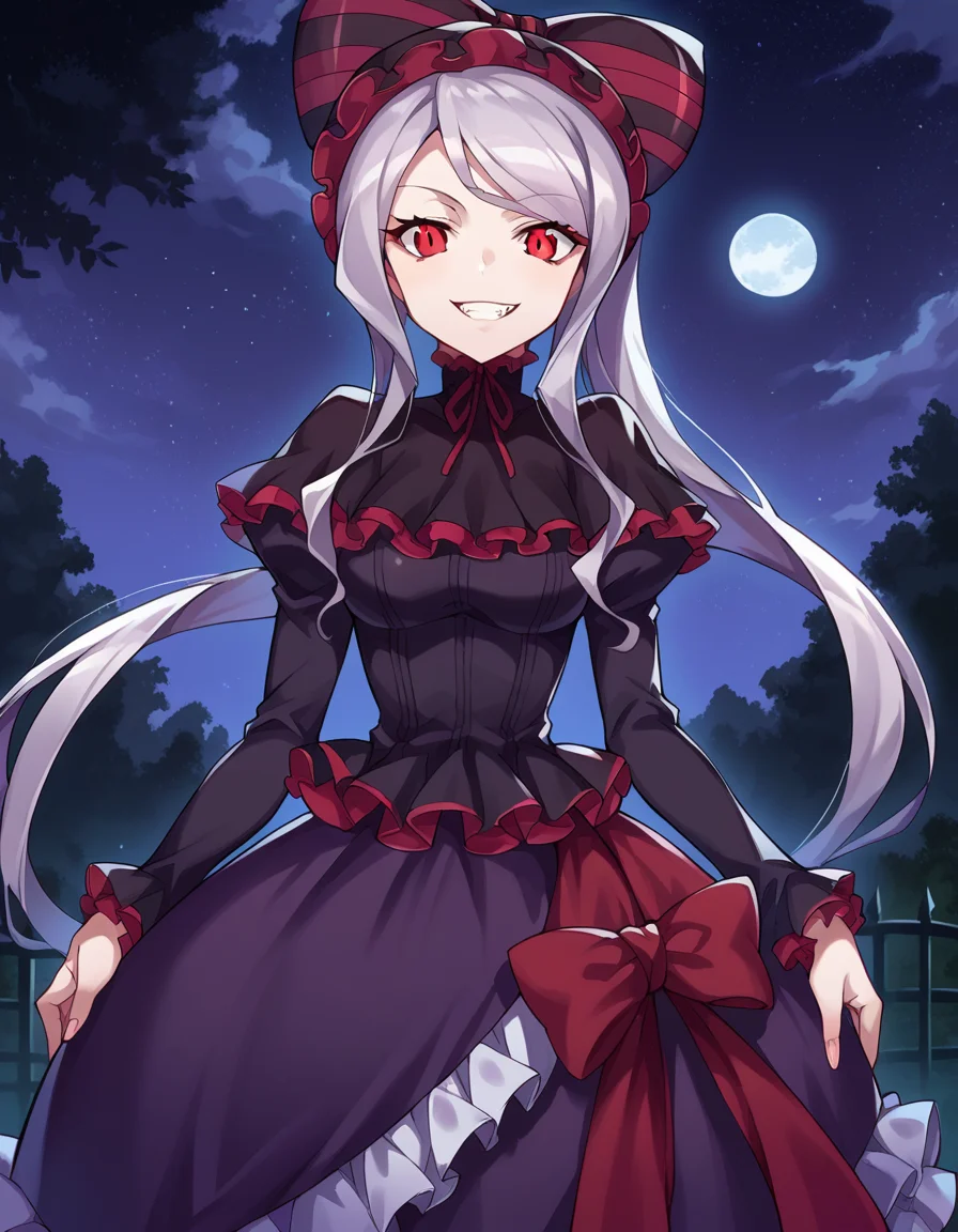 score_9, score_8_up, score_7_up, source_anime,
shalltear, <lora:shalltear-bloodfallen-ponyxl-lora-nochekaiser:1>,
shalltear bloodfallen, grey hair, long hair, red eyes, silver hair, evil smile, evil grin,
black dress, bonnet, bow, dress, frilled dress, frills, large bow, long sleeves, vampire,
outdoors, night, forest, night, moon, starry sky,
looking at viewer, cowboy shot, dutch angle,