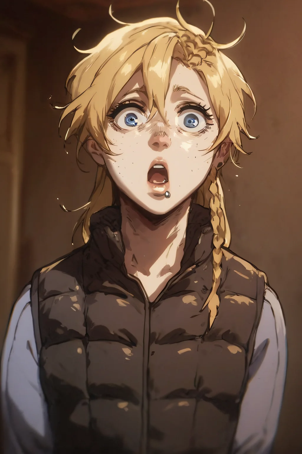 score_9,score_8_up,score_7_up, looking at viewer,
mary, 1girl, solo, long hair, blue eyes, blonde hair, braid, side lip piercing, freckles,
grey shirt, grey shirt, long sleeves, vest,
open mouth, shocked,
<lora:sinfully_stylish_SDKL:0.8> <lora:Expressive_H:0.5> <lora:1dkXLP:0.5> <lora:Mary_Steinberg-11:1>