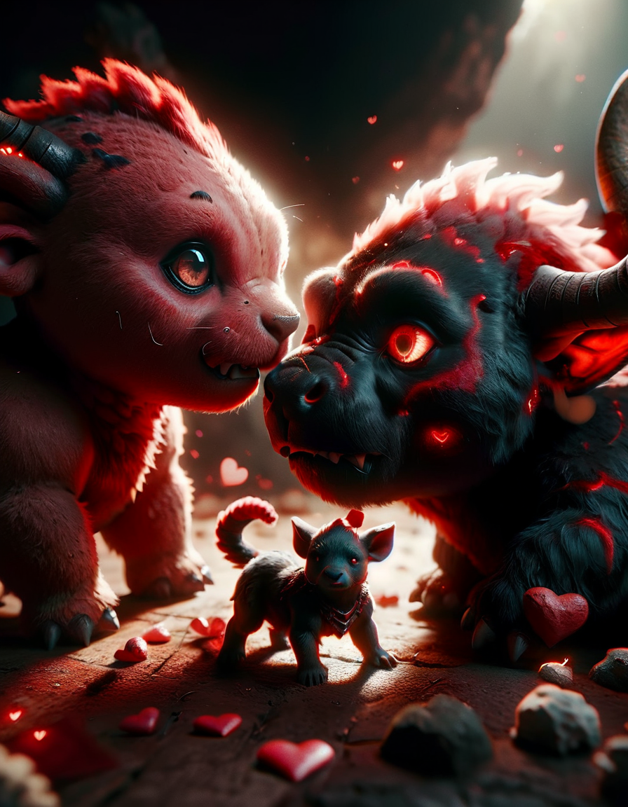 overhead angle of a Unreal Tangible "The battle between gods and giants", realism, Animal portraits, light colors, dark, Dreamlike illustrations, red, detailed realism, <lora:ral-smlvltnpls:0.9> ral-smlvltnpls, striking, very coherent, fantastic aesthetic, dynamic composition, highly decorated, deep rich colors, cinematic atmosphere