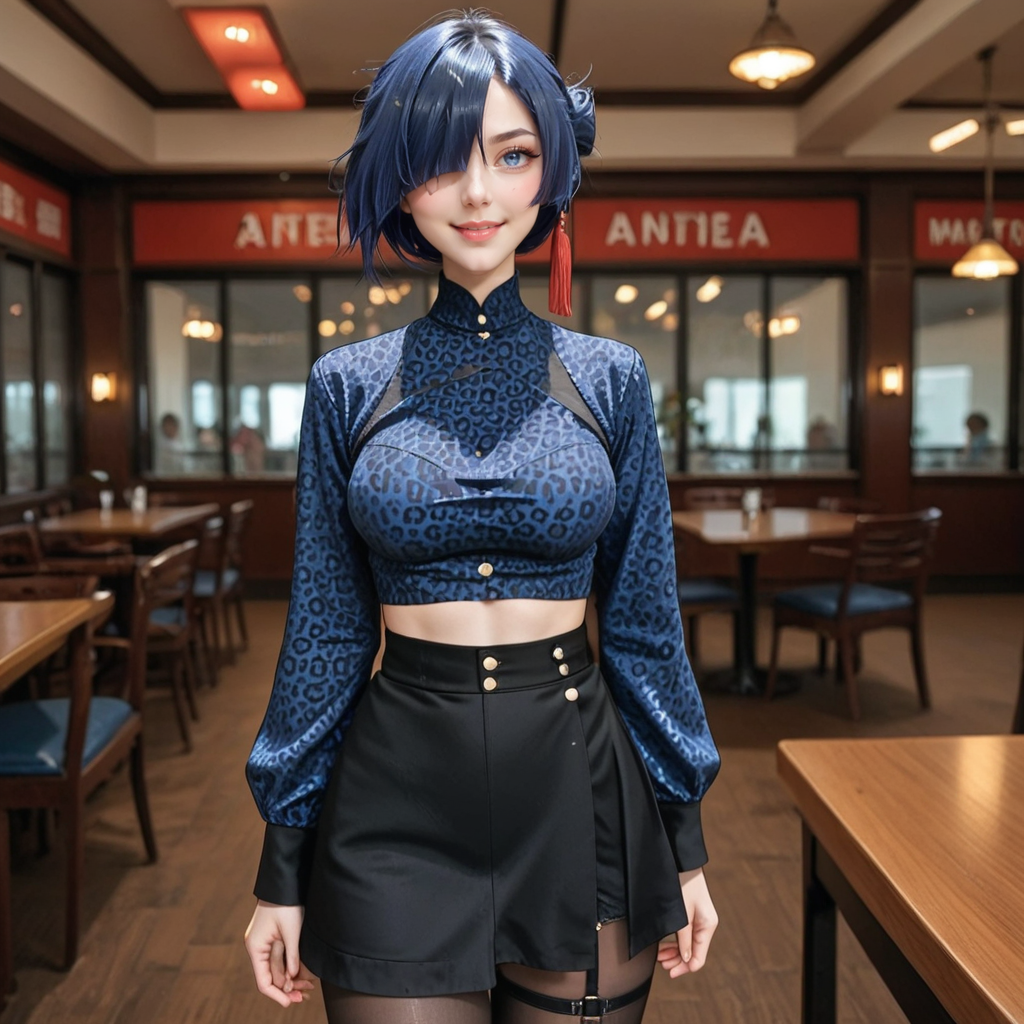 score_9_up, score_8_up, score_7_up, (masterpiece), (best quality), (ultra-detailed), (very aesthetic:1.2), intricate details, perfect composition, absurdres,
one girl, <lora:Xiao_Xinyue:0.8> , Xiao Xinzyue, blue hair, blue eyes, mole under eye, hair over one eye, single hair bun, medium breasts,  smile, 
looking at viewer, standing up, 
leopard print long sleeve top, high waist long black leather skirt, black pantyhose,  black chunky platform ankle boots, blushing, looking at viewer, restaurant scene,
<lora:Expressive_H-000001:0.8>, expressiveh,