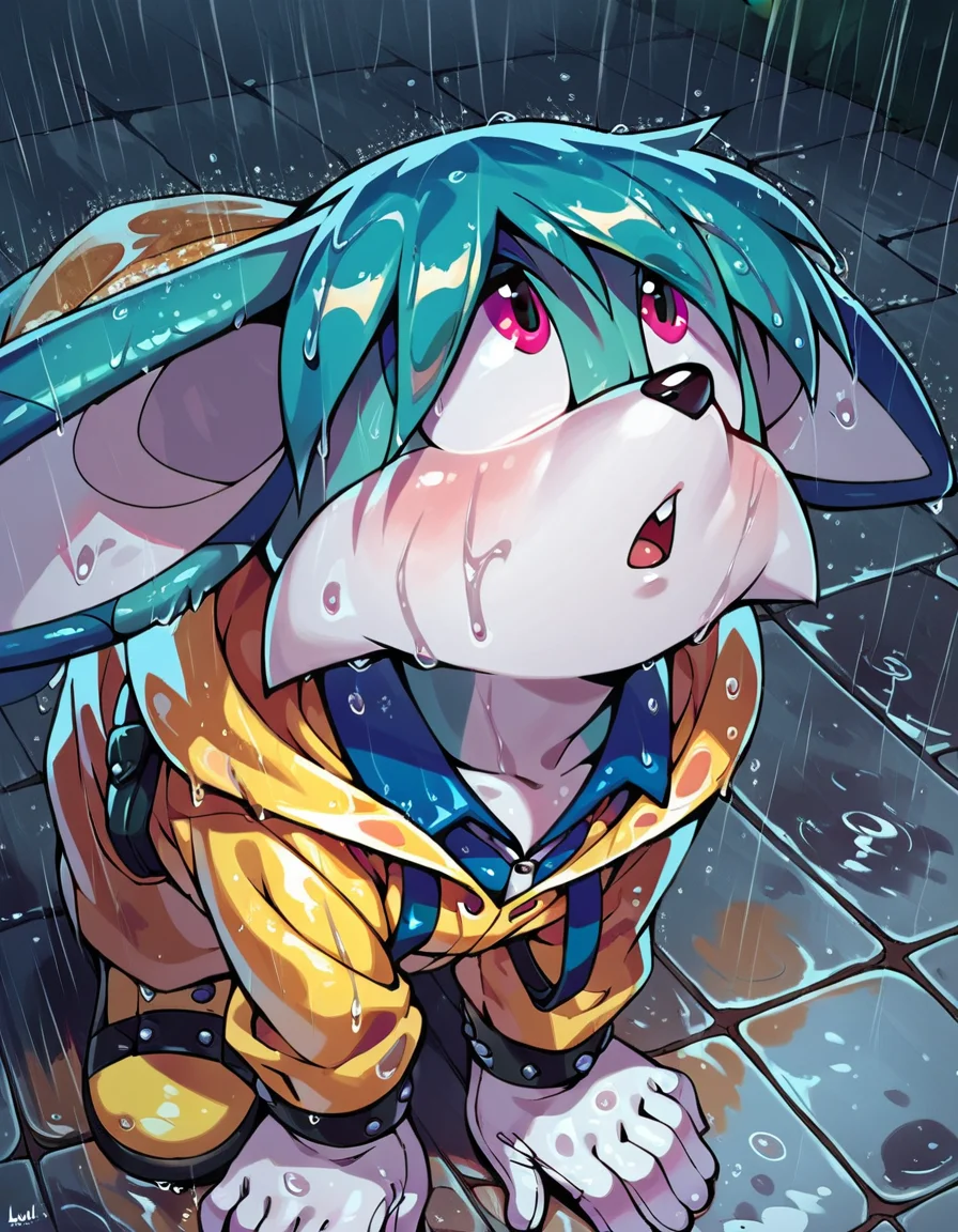 score_9, score_8up, <lora:Concept Art Eclipse Style LoRA_Pony XL v6:1> <lora:kitsunami_the_fennec:1> kitsunami the fennec, 1boy, yellow raincoat, wet, raining, looking up, in ah,