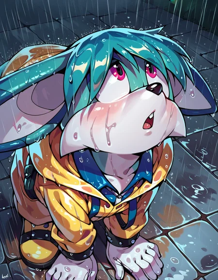 score_9, score_8up, <lora:Concept Art Eclipse Style LoRA_Pony XL v6:1> <lora:kitsunami_the_fennec:1> kitsunami the fennec, 1boy, yellow raincoat, wet, raining, looking up, in ah,