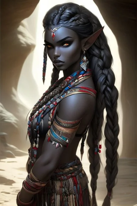 (masterpiece), best quality, expressive eyes, perfect face, hair in a braid, long hair, pointed ears, drow, cave man clothing, clothes from animal skin
