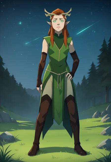 score_9, score_8_up, score_7_up, BREAK,
1girl, keyleth, ginger hair, green eyes, long hair, pointy ears,
antlers crown, freckles,
fingerless elbow gloves, green short robe, thighhighs, boots,
full body, looking at viewer, standing, contrapposto, night, starry sky, grass, moutains background <lora:KeylethPDXL_byKonan:1>