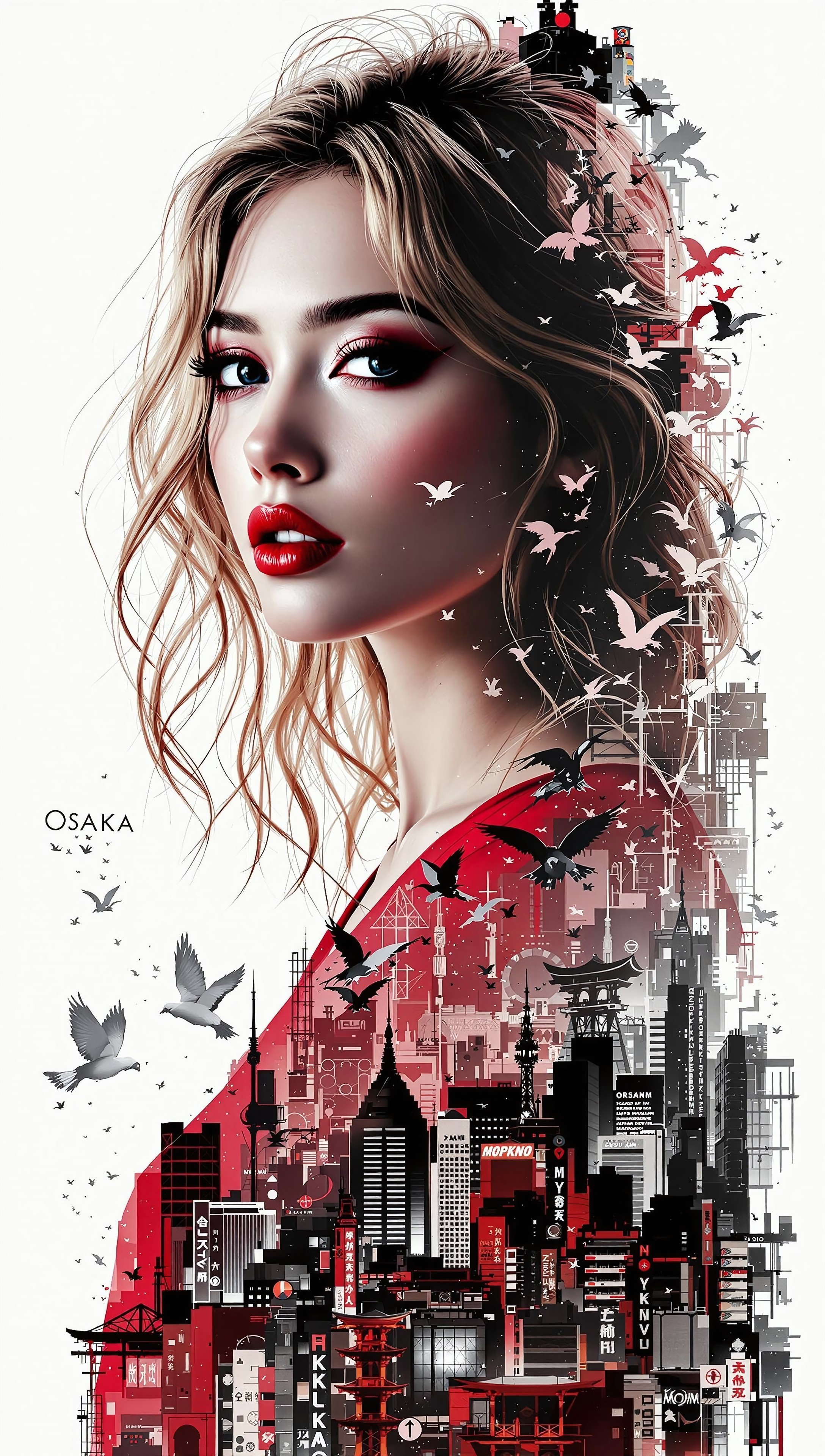 photorealistic poster ink art, Silhouette Art, magnificent, double exposure, crisp lines, Osaka cityscape below and to side of closeup portrait of stunning japanese woman, blonde loose hair, dark eyeshadow, red lips, direct gaze, red dress