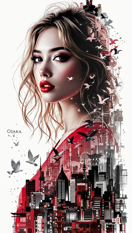photorealistic poster ink art, Silhouette Art, magnificent, double exposure, crisp lines, Osaka cityscape below and to side of closeup portrait of stunning japanese woman, blonde loose hair, dark eyeshadow, red lips, direct gaze, red dress
