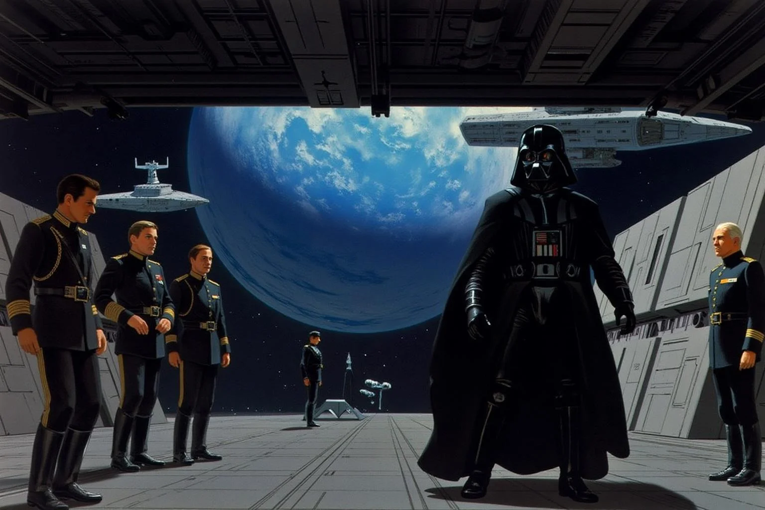 ralphmcq1 painting. 
A scene from the Star Wars universe. On the right is Darth Vader, walking on board the commanding deck of a Imperial Star Destroyer. On the left are three Imperial Officers on deck. Outside the surface of a blue planet and two Imperial Star Destroyers are visible.
 <lora:ralphmcq_cap_d6a3:1.0><lora:830318148986290302:0>