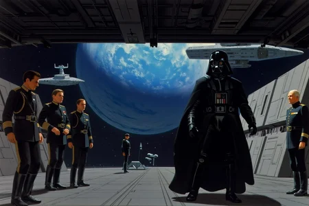 ralphmcq1 painting.
A scene from the Star Wars universe. On the right is Darth Vader, walking on board the commanding deck of a Imperial Star Destroyer. On the left are three Imperial Officers on deck. Outside the surface of a blue planet and two Imperial Star Destroyers are visible.
<lora:ralphmcq_cap_d6a3:1.0><lora:830318148986290302:0>