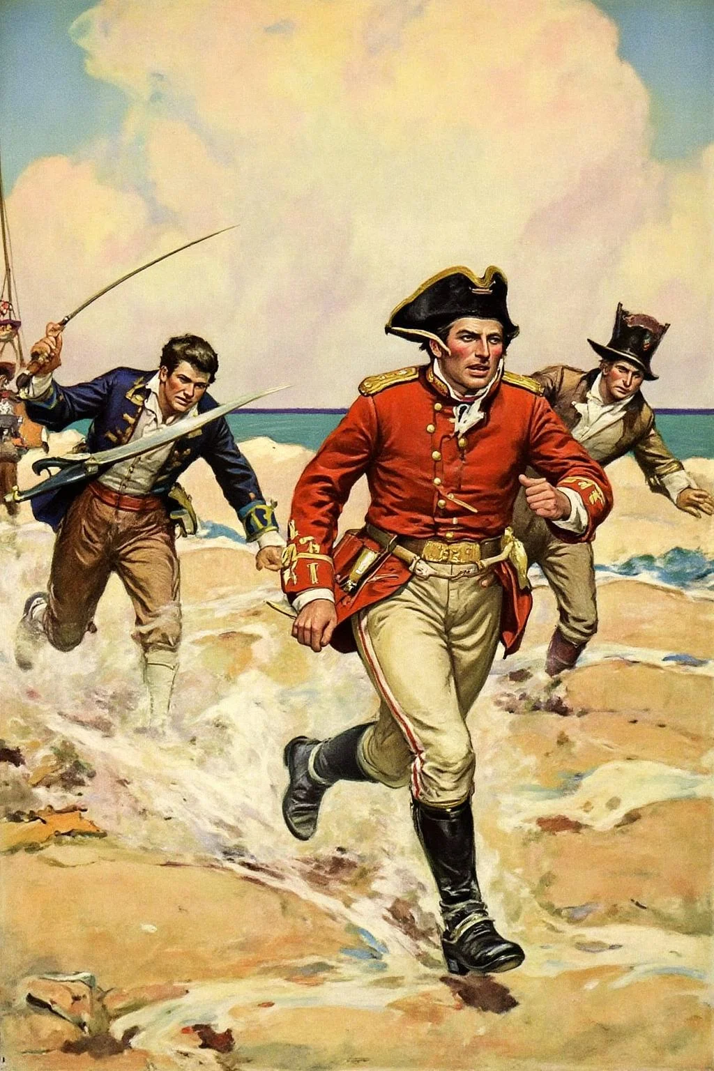 schoonover1 illustration.
hopy1 .
The central figure is a British soldier, dressed in a red jacket with gold epaulettes, white trousers, and a black tricorn hat, running along a sandy beach. His face is determined, and he appears to be in the middle of a chase or escape. There are two men chasing after him. <lora:schoonover1_cap_d6a3e11:1.0><lora:831475715686953481:0>