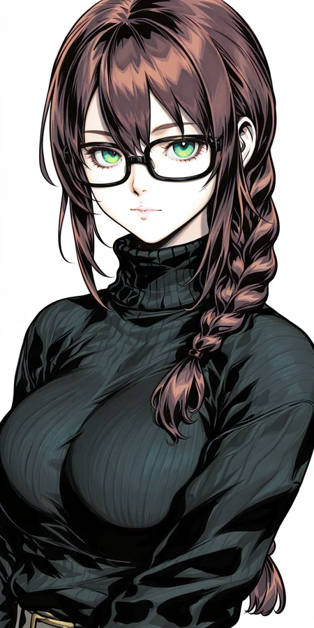{{amazing quality, best quality, high quality, very aesthetic}}, 1girl, solo, looking at viewer, simple background, large breasts, brown hair, single braid, green eyes, glasses, expressionless, black sweater, turtleneck
<lora:Artgerm_Sketch_Illustrious:1>
