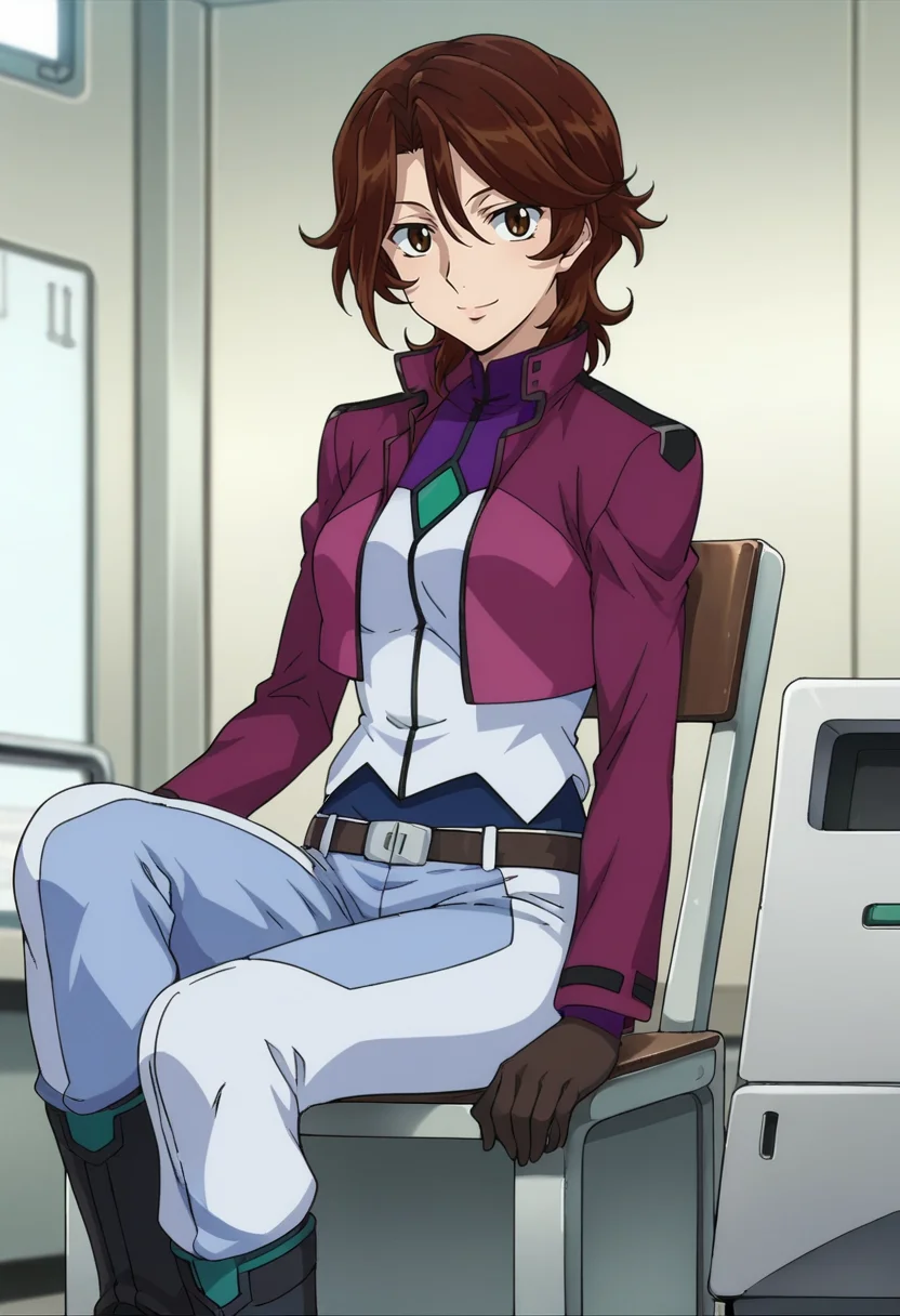 score_9,score_8_up,score_7_up,score_6_up,score_5_up,score_4_up,anime coloring BREAK source_anime,anime,<lora:Sumeragi_Lee_Noriega_Gundam_00_Pony:0.8>,sumeragi,1girl,solo,brown eyes,short hair,brown hair,hair between eyes,cb uniform,cropped jacket,blue pants,belt,brown gloves,black boots,smile,sitting,indoors,chair,looking at viewer,