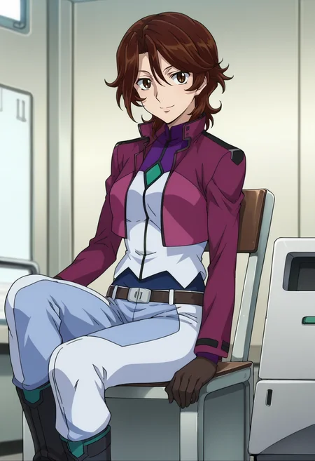 score_9,score_8_up,score_7_up,score_6_up,score_5_up,score_4_up,anime coloring BREAK source_anime,anime,<lora:Sumeragi_Lee_Noriega_Gundam_00_Pony:0.8>,sumeragi,1girl,solo,brown eyes,short hair,brown hair,hair between eyes,cb uniform,cropped jacket,blue pants,belt,brown gloves,black boots,smile,sitting,indoors,chair,looking at viewer,