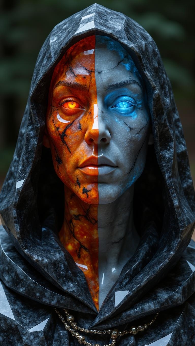 <lora:ck-polygon-gems-0019.safetensors:1> a crafted gemstone model in the style of cklg featuring a
A split-face portrait with two distinct halves: a fiery red and orange "lava" left side, and a cool blue "ice" right side, mirrored by a hooded cloak. Dramatic lighting enhances texture and color depth.