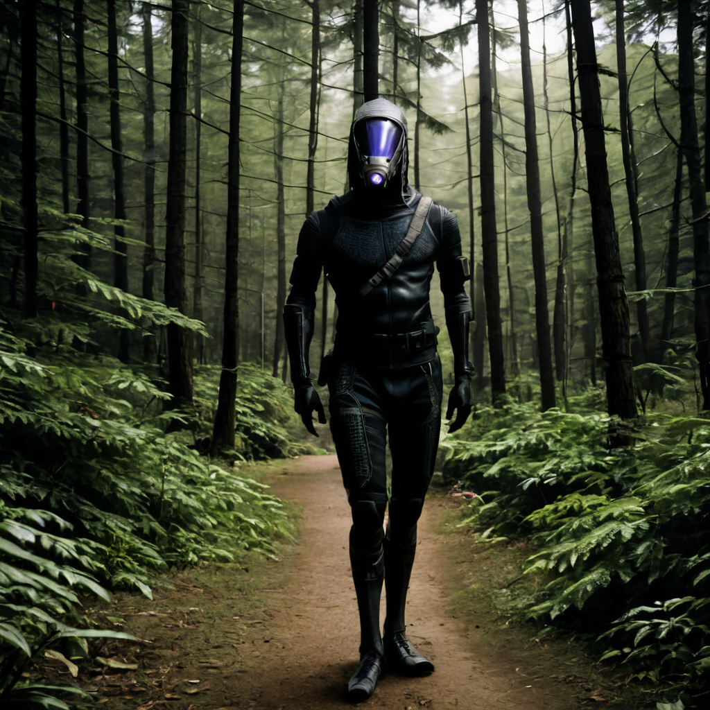 <lora:Mass_Effect_Quarians_PONY:0.5>, quarian, 1boy, standing, pink, wide hips, <lora:photov3:1>, realistic, style, FOREST,