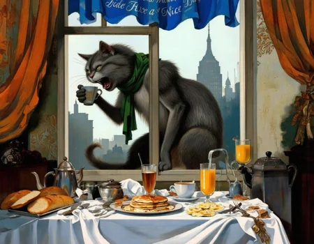 <lora:chzcat:1>, This image is a digital painting depicting a whimsical, surreal breakfast scene. The central figure is a large, anthropomorphic gray cat with a playful, mischievous expression, standing menacingly on the windowsill. The cat has a green scarf around its neck and is holding a coffee mug in its left paw. Its right paw is extended towards the table, as if reaching for something., 
The table, positioned in front of the window, is cluttered with breakfast items. On the left side, there are two loaves of bread, a coffee pot, and a teapot. In the middle, a stack of pancakes with syrup and a plate of scrambled eggs are arranged neatly. On the right side, there are two orange juices, one in a glass and the other in a mug. A white cloth is draped over the table, and a blue banner with the text "Good Morning, Have a Nice Day" hangs above the window., 
The background reveals a foggy, misty morning scene with a city skyline visible through the window. The colors are warm and inviting, with a mix of browns, greens, and oranges dominating the scene. The style of the painting is vibrant and expressive, with a touch of fantasy and whimsy.