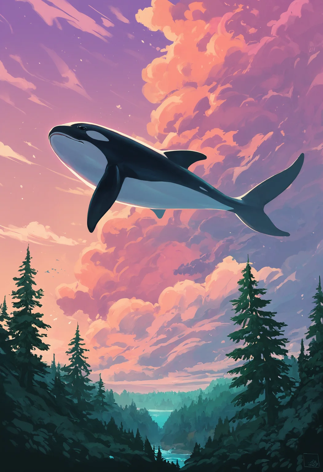 score_9, score_8_up, score_7_up, outdoors, scenery, forest, (an orca swimming in the air:1.4), vibrant colors, high contrast, tree, clouds, sunset,
<lora:ScenicHorizonsV2:1>,
