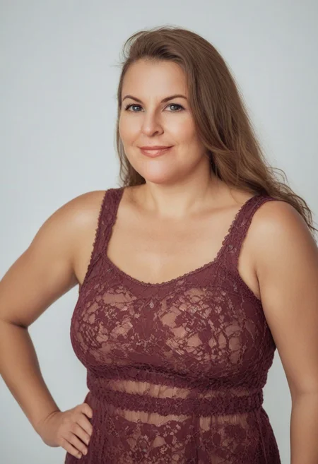 Chubby Brunets woman modeling sexy erotic lingerie. red.
Smooth long straight hair.
White background. Studio lights overheard, cloth behind. 
Sexy pose.  Side pose, front pose. Expressive, touching herself, 
Smiling. 
close shot picture.  Looking at camera
FastNegativeV2, epiCNegative, fcNeg, long hair
