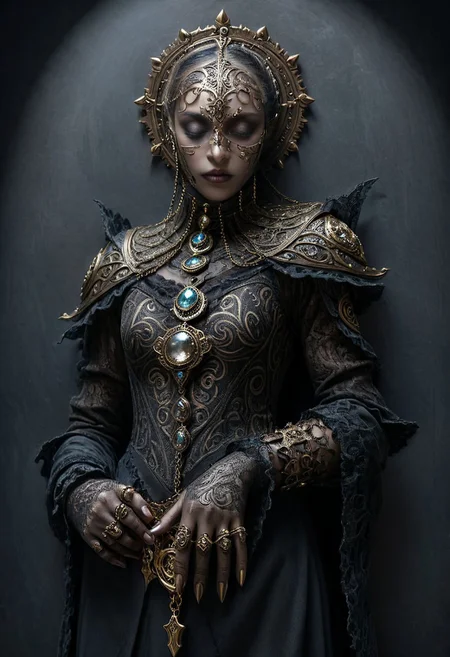 giant dark pearl and bronze colored paisley manta headed large legged chaos human. lace glass manta head outside of a steampunk fantasy harbor. large detailed torso. dark image. foggy dark night background. night image only. photo realistic image. steampunk details. cogs, chains and pipes incorporated in the fantasy buildings. chaos sword. chaos shield. gloves with jeweled claws.