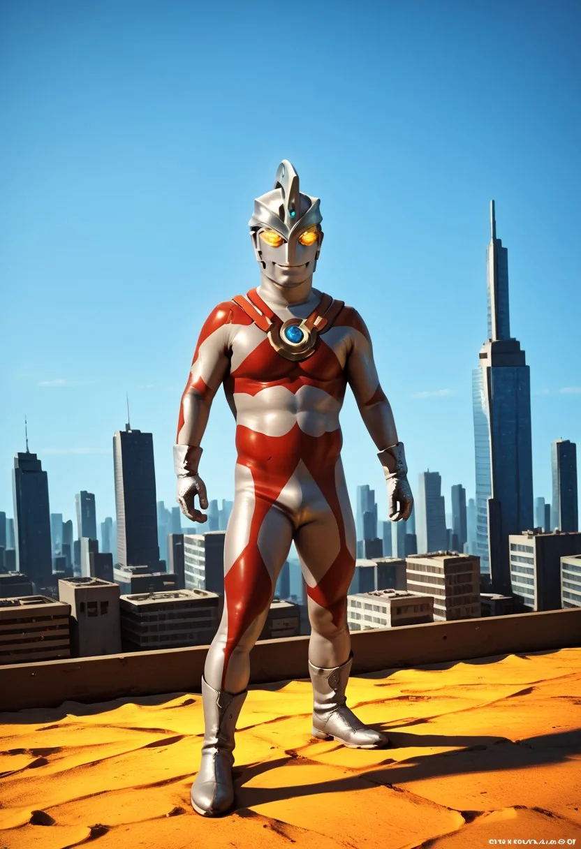 score_9, score_8_up, score_7_up, score_6_up, score_5_up, score_4_up, male focus, photo realistic, solo,1boy,cowboy shot,4K, best quality, no human, ultraman ace, one hole in the headdress, no face, standing, Tokyo cityscape, half the height of a skyscraper, giant, silver glove and boots, standing, silver helmet, no eyes, no nose, no mouth, yellow glowing eyes, gloves, silver rubber bodysuit with red line, giant, normal body type, Photography, stvmccrr style, stvmccrr