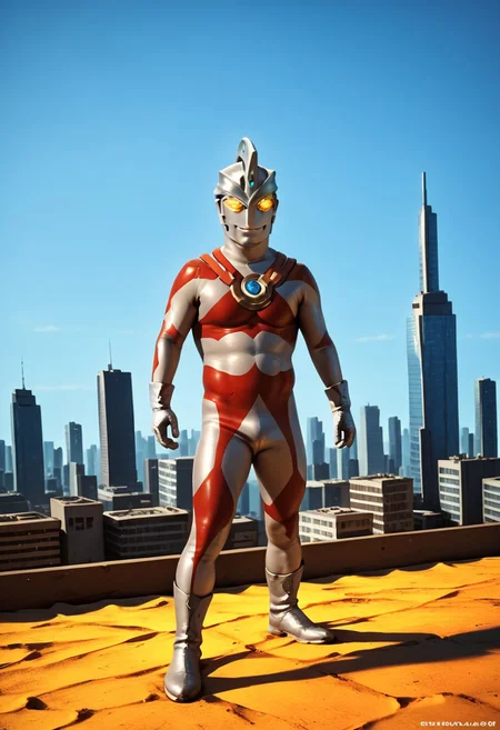 score_9, score_8_up, score_7_up, score_6_up, score_5_up, score_4_up, male focus, photo realistic, solo,1boy,cowboy shot,4K, best quality, no human, ultraman ace, one hole in the headdress, no face, standing, Tokyo cityscape, half the height of a skyscraper, giant, silver glove and boots, standing, silver helmet, no eyes, no nose, no mouth, yellow glowing eyes, gloves, silver rubber bodysuit with red line, giant, normal body type, Photography, stvmccrr style, stvmccrr