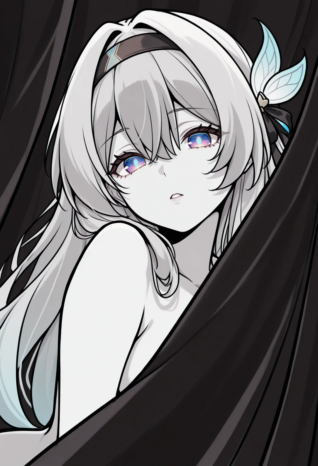 masterpiece, best quality, 1girl, solo, F1reflyHSR, blue pupils, purple eyes, blue eyes, grey hair, multicolored hair, long hair, black hairband, hair ornament, lineart, sketch, spot color, monochrome, traditional media, looking at viewer, parted lips, convenient censoring, behind curtains, covering, dark theme, high contrast, silhouette, <lora:ChamFireflyIllustriousXL:1>
