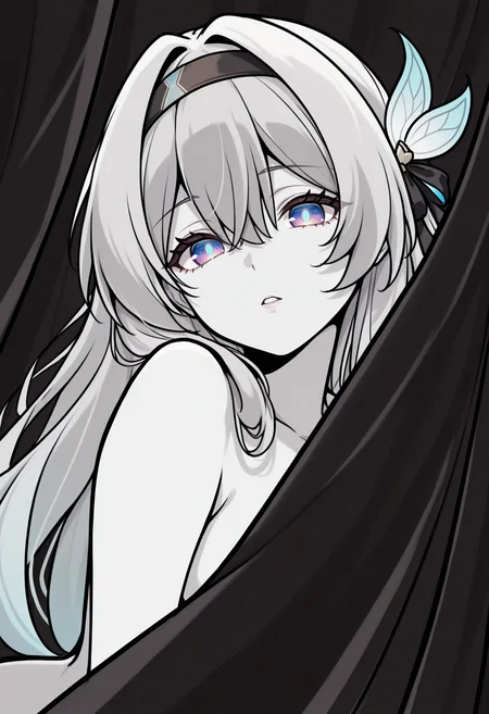masterpiece, best quality, 1girl, solo, F1reflyHSR, blue pupils, purple eyes, blue eyes, grey hair, multicolored hair, long hair, black hairband, hair ornament, lineart, sketch, spot color, monochrome, traditional media, looking at viewer, parted lips, convenient censoring, behind curtains, covering, dark theme, high contrast, silhouette, <lora:ChamFireflyIllustriousXL:1>