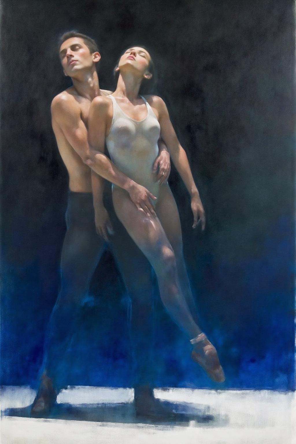 painting. 
A man and a woman are ballet dancing. The man is standing, supporting the woman in front of him. The woman, in a white leotard, is in a classic pose with one leg extended and the other bent. The background is dark with blue tones, and lighting highlights the dancers' forms. <lora:billbate1_cap_d8a4e12:1.0><lora:852812198370646217:0>