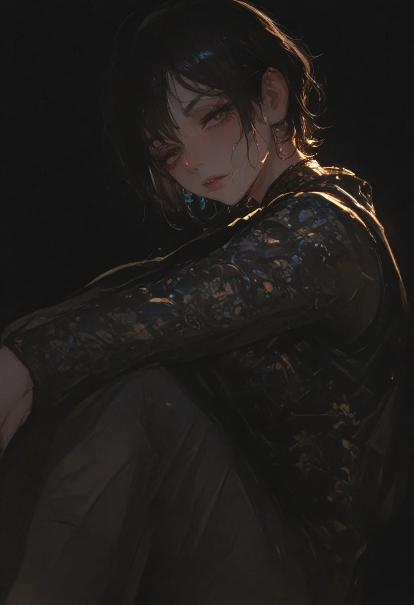 masterpiece, best quality, good quality, very aesthetic, absurdres, newest, EtherStyle, usnr, 748cmstyle, backlit, backlighting,  sunset, 1girl,milf, mature women, mature female,solo, sitting,sit down,looking at viewer, glancing ,glance,glare,short hair, shirt, black hair, long sleeves, closed mouth, jewelry, brown eyes, earrings, lips, bodysuit, chinese clothes,shiny clothes, Chinese dress,black dress,see through ,wet clothed, soaked,floral print, black background, arm crossed,
Eye reflections, global illumination, ray tracing,bright eyes, simple background,
Ethereal Moonlight Lighting,Cool And Blue Lighting,backlit,(backlighting), <lora:ponyv5_noobV065S_1_adamW-000013:0.7> <lora:USNR_STYLE_XL_lokr:0.5> <lora:EtherSDXL:0.15> <lora:748cmSDXL:0.3> <lora:backlitILL:0.8>