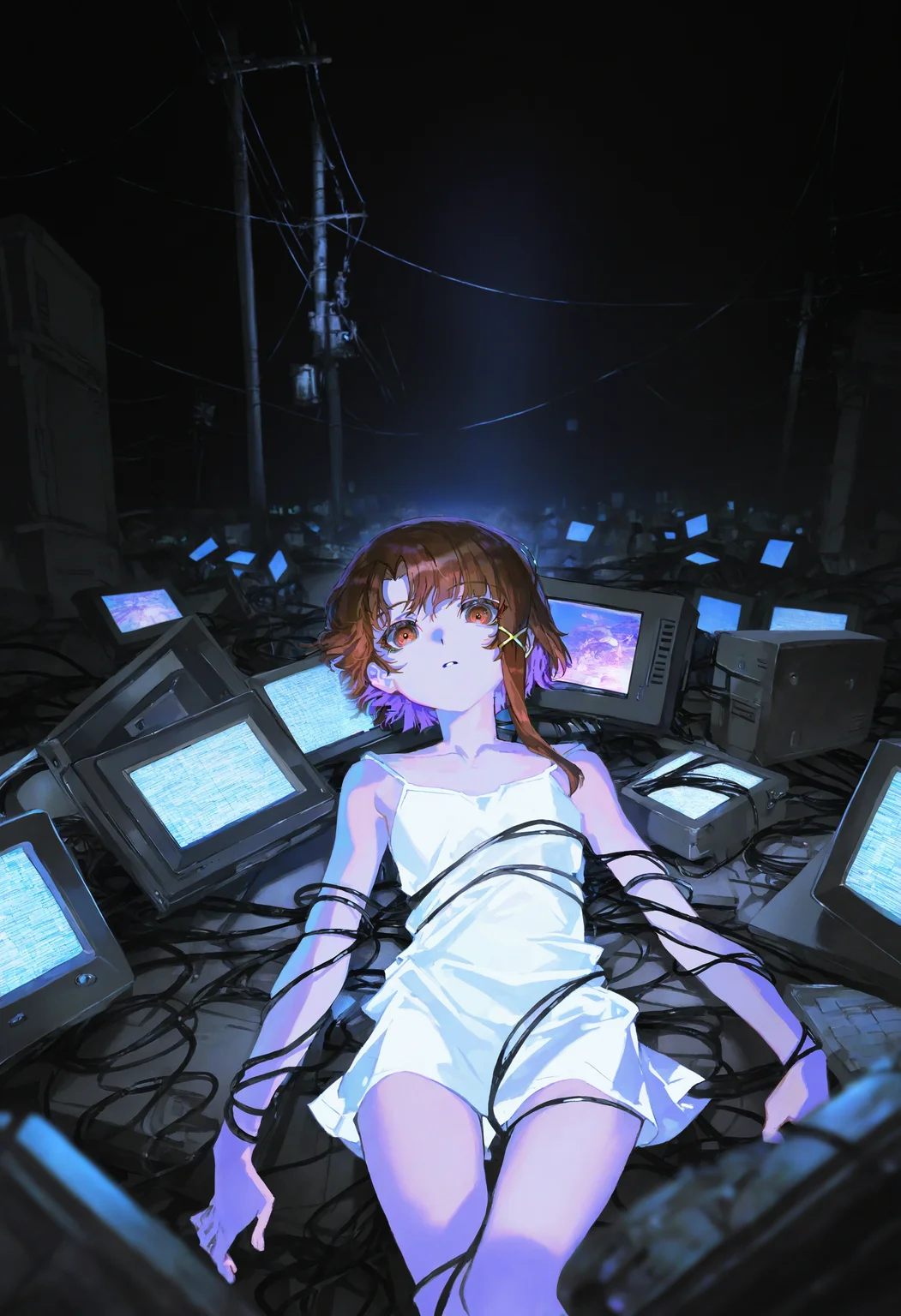 artist:[yoneyama mai|quasarcake],
1girl, iwakura lain, solo, thigh gap , dark background, cable, looking at viewer, pile, spaghetti strap , utility pole, wire, monitor, entangled, digital rain, wide shot, white camisole, negative space, cinematic shot, science fiction, matrix, code, digital, computer, glitch, covered in wire, dark, spot color, ultraviolet light, on back,
masterpiece, best quality, very awa, absurdres
<lora:noobai_vpred_1_masterpieces_v23:1>