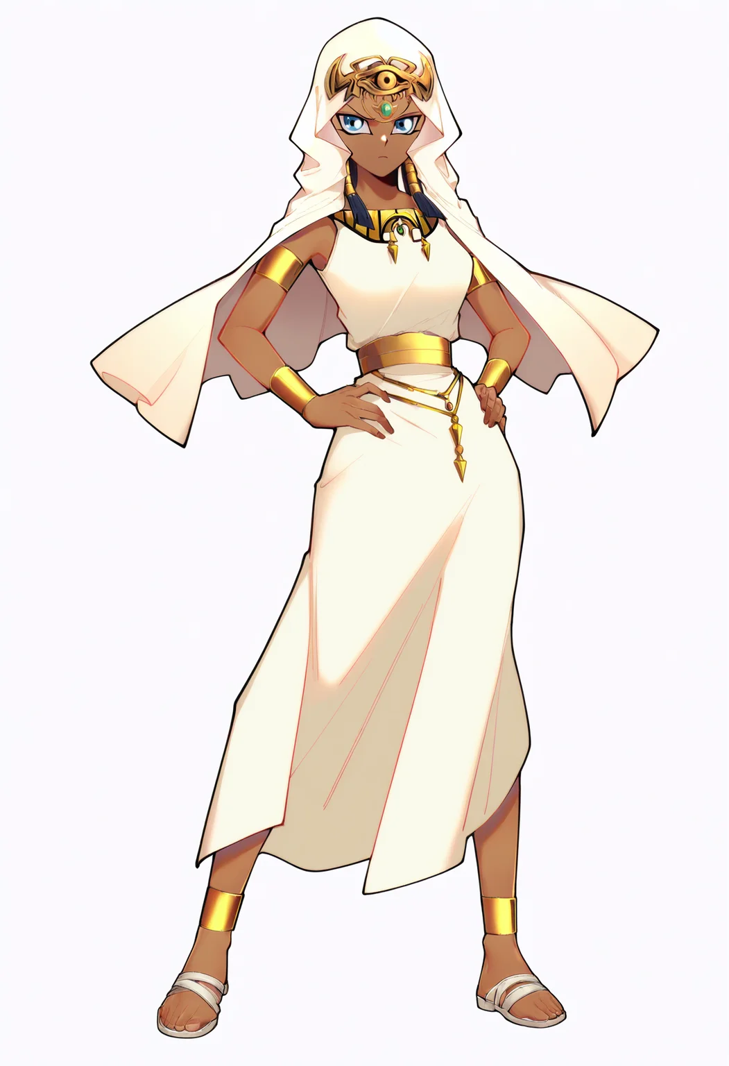 masterpiece, best quality, very aesthetic, absurdres,
1girl, ishizu ishtar, blue eyes, dark skin,
veil, eye of horus, bracelet, anklet, sandals,
dress,
hands on hips, standing, full body,
solo, looking at viewer, simple background, white background,  <lora:IshizuIshtarNoobXL_byKonan:1>