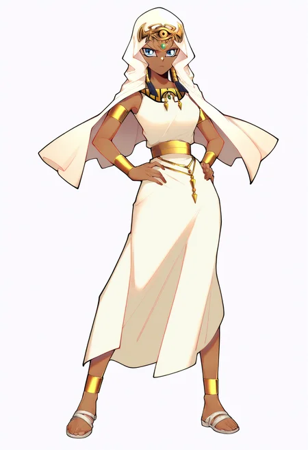 masterpiece, best quality, very aesthetic, absurdres,
1girl, ishizu ishtar, blue eyes, dark skin,
veil, eye of horus, bracelet, anklet, sandals,
dress,
hands on hips, standing, full body,
solo, looking at viewer, simple background, white background, <lora:IshizuIshtarNoobXL_byKonan:1>