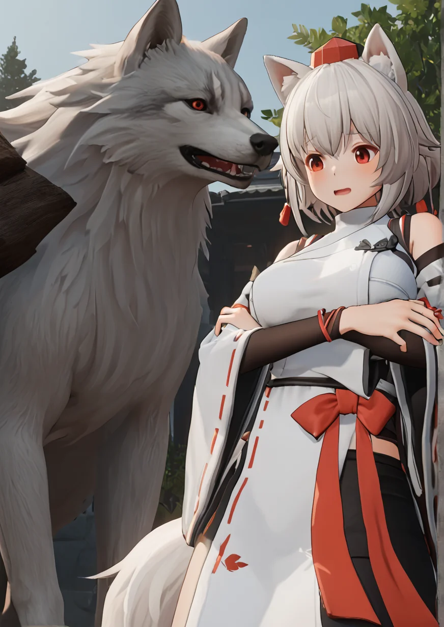 1girl, inubashiri momiji, huge breast, 3d, animal ears, arm under breasts, bare shoulders, blush, bottomless, breasts, day, detached sleeves, embarrassed, hat, implied sex, nature, open mouth, outdoors, pom pom (clothes), red eyes, ribbon-trimmed sleeves, ribbon trim, shirt, short hair, sleeveless, sleeveless shirt, solo, tail, tokin hat, tree, turtleneck, white hair, white shirt, wide sleeves, wolf ears, wolf tail, zPDXL3 <lora:Girls_Frontline_2_Exiliumå°å¥³å线2追æ¾_3d_game_style:1>