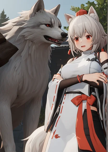 1girl, inubashiri momiji, huge breast, 3d, animal ears, arm under breasts, bare shoulders, blush, bottomless, breasts, day, detached sleeves, embarrassed, hat, implied sex, nature, open mouth, outdoors, pom pom (clothes), red eyes, ribbon-trimmed sleeves, ribbon trim, shirt, short hair, sleeveless, sleeveless shirt, solo, tail, tokin hat, tree, turtleneck, white hair, white shirt, wide sleeves, wolf ears, wolf tail,  zPDXL3  <lora:Girls_Frontline_2_Exiliumå°å¥³åçº¿2è¿½æ¾_3d_game_style:1>