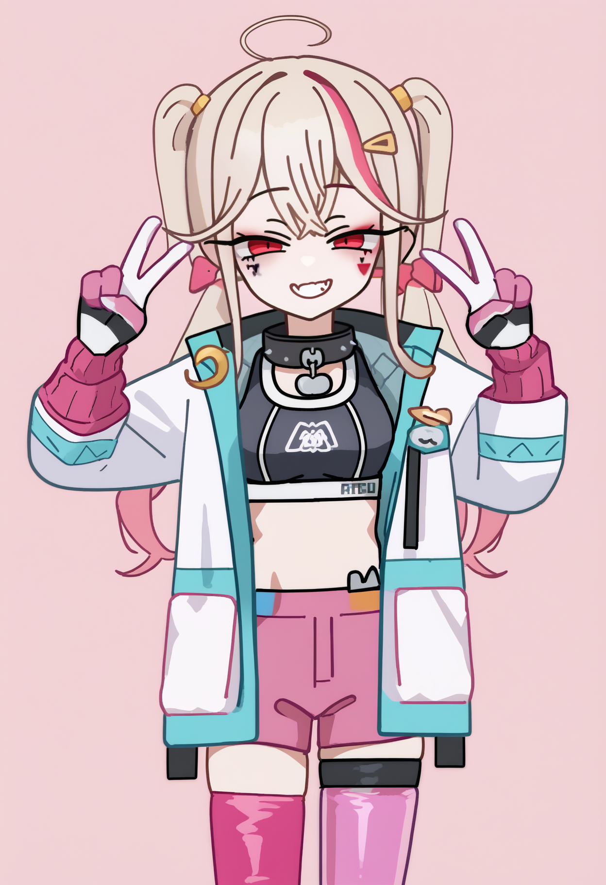 score_9, score_7_up, <break> simple background, solo, 1girl, nikkejackal, smile, looking at you, standing, double v, streaked hair, ahoge, twintails, half-closed eyes, hairclip, white jacket, open jacket, sports bra, pink gloves, pink shorts, single thighhigh, pink thighhighs, collar
 <segment:yolo-face_yolov8m.pt,0.4,0.5//cid=1>