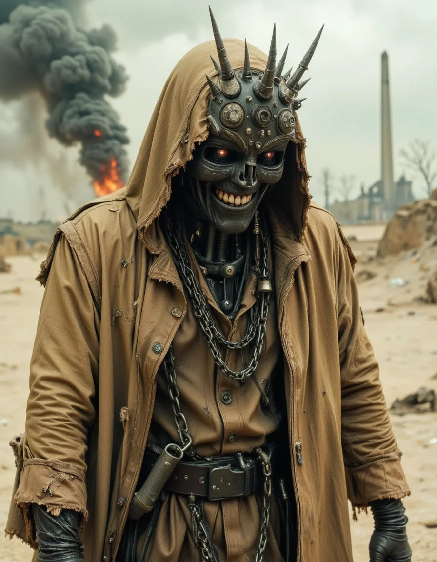 Apocalyptic Visions, nomadic executioner, burning horizon â A lone figure walks the endless wasteland, wrapped in a heavy, sand-crusted hooded cloak, the fabric stiff with dried blood and dust. The hood extends into a jagged, ceremonial design, reinforced with spikes of rusted metal and fragments of old war insignias. Where eyes should be, there is only shadow beneath the hood, but the mouth remains unsettlingly organic, a flawless row of ral-rbotth grinning beneath the cracked and peeling leather straps that bind its jawline. Thick chains hang loosely around its shoulders, dragging against the cracked earth, while in the distance, towering obelisks of black smoke rise into a sky forever lost to fire.
<lora:ral-rbotth-flux:0.8> <lora:dark-fantasy-flux:1>