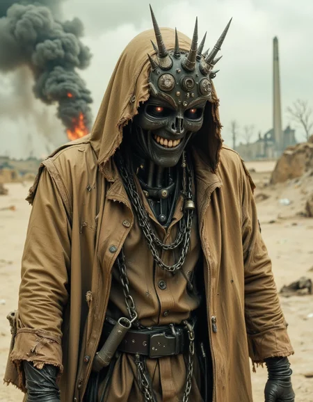 Apocalyptic Visions, nomadic executioner, burning horizon â A lone figure walks the endless wasteland, wrapped in a heavy, sand-crusted hooded cloak, the fabric stiff with dried blood and dust. The hood extends into a jagged, ceremonial design, reinforced with spikes of rusted metal and fragments of old war insignias. Where eyes should be, there is only shadow beneath the hood, but the mouth remains unsettlingly organic, a flawless row of ral-rbotth grinning beneath the cracked and peeling leather straps that bind its jawline. Thick chains hang loosely around its shoulders, dragging against the cracked earth, while in the distance, towering obelisks of black smoke rise into a sky forever lost to fire.
<lora:ral-rbotth-flux:0.8> <lora:dark-fantasy-flux:1>