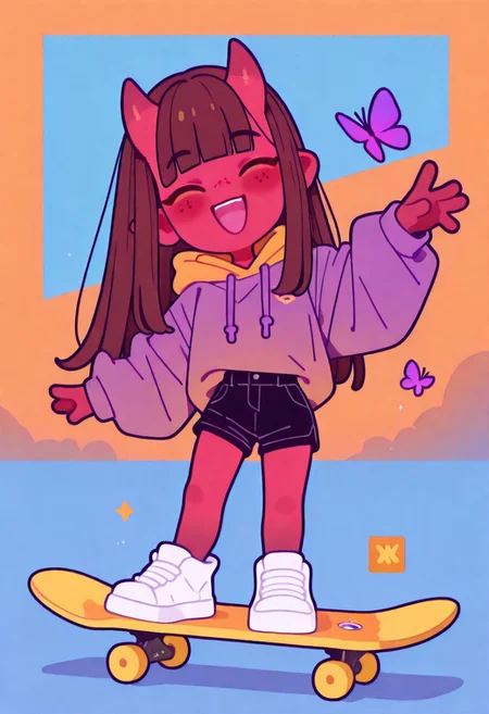 masterpiece, best quality, good quality, newest, highres, absurdres, 
meruILXL, 1girl, colored skin, red skin, horns, brown hair, long hair, blunt bangs, yellow eyes, freckles, , blush, smile, open mouth,  maroon-colored hoodie, black short shorts, full body, closed eyes, :d, shoes, white footwear, chibi, ^ ^, blue background, happy, facing viewer, butterfly, vehicle, riding, orange background, yellow skateboard, standing on skateboard, skateboard pose, , Flatline, Flat vector illustration <lora:illustriousXL_stabilizer_v1.23:0.3> <lora:NOOB_vp1_detailer_by_volnovik_v1:0.3> <lora:ponyv6_noobE11_2_adamW-000017:0.3> <lora:XXX667:0.7> <lora:checkpoint-e18_s306:2>