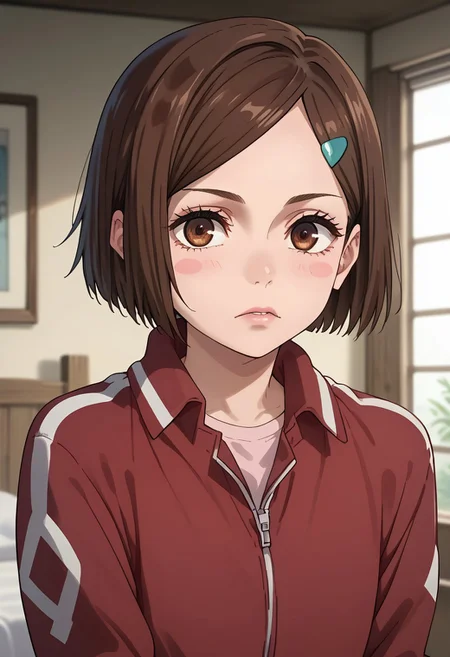 anime artwork, score_9, score_8_up, score_7_up, score_6_up, score_5_up, solo, perfect eyes, detailed eyes, beautiful female, detailed face, dynamics lines, 20 year old, perfect beautiful face, long eyelashes, sharp eyes pupils, bedroom, (upper body:1.5), flat chest, wide hips, hips,,1 girl, nobara, brown hair, short hair, blue hair clip, brown eyes, blush stickers, red track jacket, red pants,