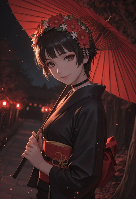 masterpiece,best quality,absurdres,highres,very aesthetic,high quality,detailed,insanely detailed,beautiful,perfect lighting, looking at viewer, looking at viewer, smile,
<lora:Uiharu Kazari:1> 1girl, short hair, black hair, brown eyes, head wreath, japanese clothes, choker, day, hair flower, kimono, character focus, tree, sash, makeup, umbrella, red flower, nature, holding umbrella, black kimono, oil-paper umbrella, red umbrella, red theme, glowing, ,dutch angle, dark background, (night:0.8), blurry background, glowing light particles, depth of field, from side, looking at viewer,
