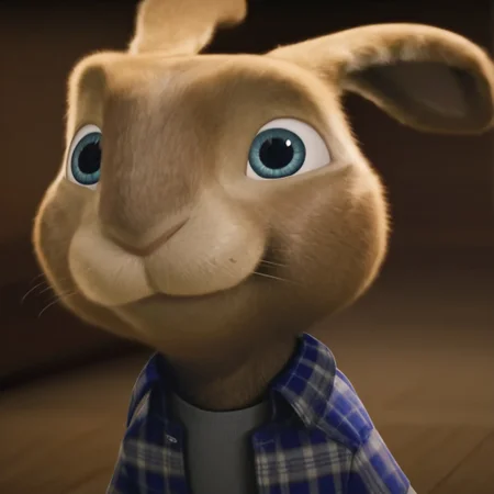 EB, Bunny, Male, 3D, blue eyes, CGI, detailed fur, 4K, plaid blue jacket, gray shirt, feral, best quality, high quality, absurd res, detailed,