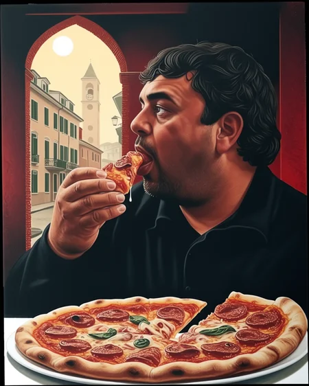 Fat Man Eating Pizza, dark, esoteric, surrealistic, doviliotarot <lora:DovilioTarot_SDXL:1.0> <lora:Emadm_SDXL:0.7>