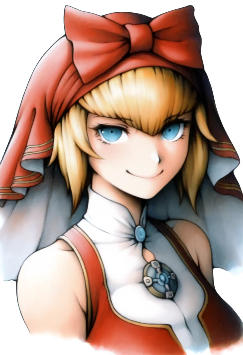 masterpiece, best quality, solo, 1girl, smile, looking at viewer, <lora:FF7-Portraits-illus_Fp:1>, simple background, portrait, white background, <lora:Idun-illus_Fp:1>, s5un, blonde hair, blue eyes, short hair, veil, bow, red dress, collared dress, bare shoulders, brooch,