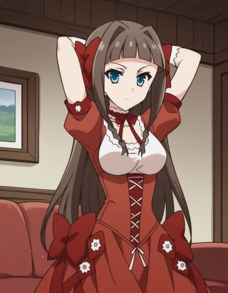 score_9, score_8_up, score_7_up, source_anime, <lora:asuka-kudou-s1-ponyxl-lora-nochekaiser:1>, asuka kudou, long hair, bangs, blue eyes, brown hair, bow, hair bow, blunt bangs, hair intakes, red bow, medium breasts,, gloves, dress, ribbon, short sleeves, choker, puffy sleeves, white gloves, puffy short sleeves, red dress, corset,, living room, sofa, TV, coffee table, decor, , hands behind head,, looking at viewer, solo,, dutch angle, cowboy shot