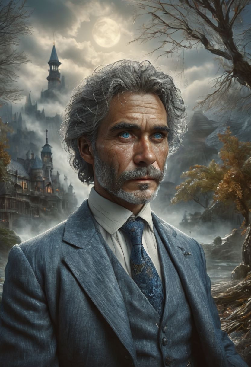 score_9, score_8_up, score_8, score_7_up, score_7, score_6_up, score_6, score_5_up, Score_5, 1man, the watchmaker, A man sitting in front of the spirits of his ancestors, caucasian European male, 40-year-old, wearing a linen suit, a white button down shirt with an ascot, snow white beautiful hair, steely blue-gray eyes, (looking at the viewer), perfectly detailed eyes and facial features, soulful expression, (deep emotion), spiritual, mystical, detailed character design, digital painting, cinematic style, atmospheric lighting, high resolution, (emotional depth), hauntingly beautiful, painstaking attention to detail, insane details, (meticulously detailed and textured skin), 8k resolution, a masterpiece