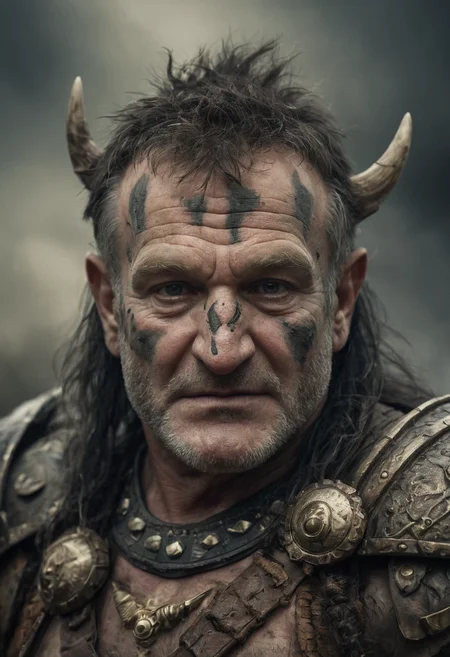 A striking photograph portraying Mork (Robin Williams) transformed into an orc warrior, blending whimsy with fantasy in the style of the imaginative compositions by Boris Vallejo. Monstrous visage, menacing tusks, fierce expression, tribal markings, rugged armor, battle scars, towering stature, primal energy, wilderness backdrop, dramatic lighting, intense gaze, savage demeanor, fantastical realism, dynamic composition, mythical creature, imaginative transformation, epic adventure, immersive storytelling, otherworldly allure.