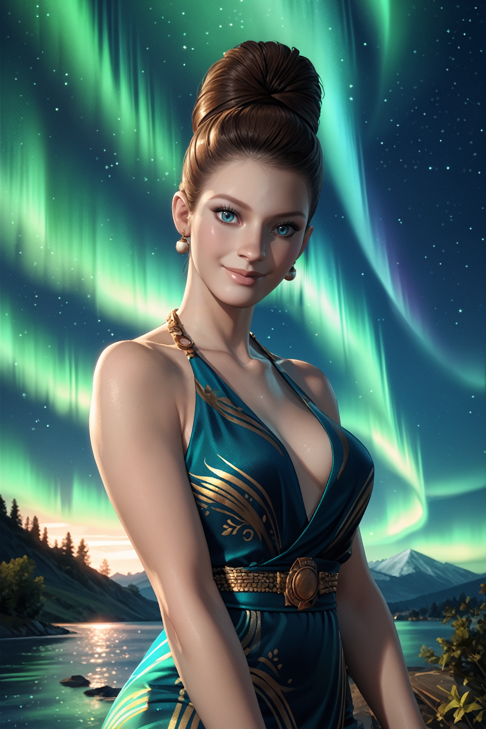 score_9, score_8_up, score_7_up, score_6_up
<lora:RE5Excella:0.8>
RE5Excella, 1girl, brown hair, blue eyes, hair updo, looking at viewer, glowing sky over shoulders, aurora borealis pattern dress, aurora on dress, aurora, starry sky, night, collarbone, background blur, full body, smile