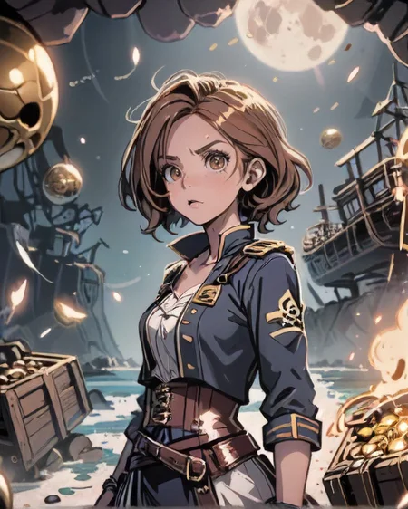 comic style, Perplexed 1girl, natural colored eyes, Shoulder-length hairstyle, dynamic pose, determined expression, <lora:EnvyDramaticPortraitXL02:0.7> , BREAK Style-GravityMagic, focus on character, portrait, (battlescars:0.7), looking up, solo, half shot, detailed background, (<lora:CulturePunkAI_3:0.3> PiratePunkAI, pirate theme:1.1), naval officer, skin, elaborate brown pirate sailor uniform, cursed relic, standing, sypglass, dark pirate cave, bones, stacks of loot, piles of shining golden coins, doubloons, wooden crates, treasure chests, cannonballs, moonlight, cinematic atmosphere,