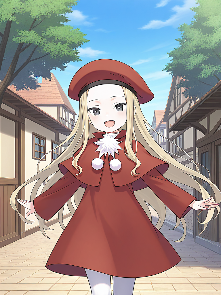 general,highres, game cg, ultra-detailed,very aesthetic,best quality ,best hands,  BREAK <lora:Belfraw_Martini_IS:1>
Belfraw_Martini, 1girl, solo, very long hair, blonde hair, black eyes, happy,
red beret, bangs, short stack, 1girl, solo, open mouth, pom pom (clothes), 
capelet, sky, :d, looking at viewer, long sleeves, white pantyhose, red dress, outdoor, town, tree, smile, looking at viewer, cowboy Shot,