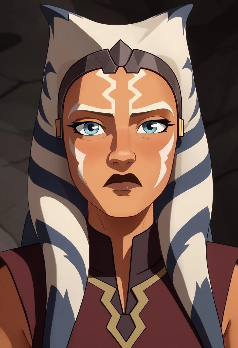 Score_9, Score_8, Score_7, TDPStyle, ahsoka tano, Bust Shot, Looking at Viewer, Bored, Cave Background