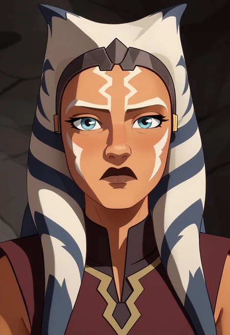 Score_9, Score_8, Score_7, TDPStyle, ahsoka tano, Bust Shot, Looking at Viewer, Bored, Cave Background